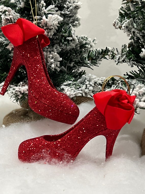 Premium Photo | Flat lay black high heel shoes, mini christmas tree and christmas  ornaments