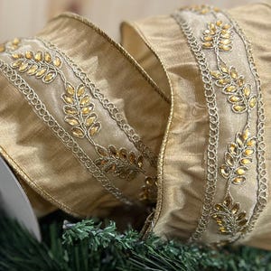 Gold Jeweled Dupion Wired Ribbon 4&quot; x 5 Yards All Occasion Elegant Fancy Christmas Craft Decoration