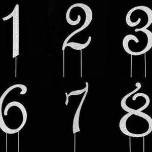 May include: Ten silver glitter cake toppers, each featuring a different number from 0 to 9. The numbers are in a decorative script font.