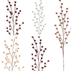 以下が含まれることがあります： 異なる色のベリーが付いた、人工のベリーの茎が5本。茎は茶色で、ベリーは赤、白、金、銅色です。