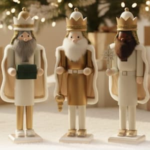 May include: Three wooden figurines of the Three Wise Men, each with a crown and long beard. The figures are dressed in white and gold robes, holding gifts and symbols of their journey. The background includes a Christmas tree and wrapped gifts.