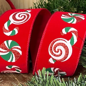 Puff Printed Candy Red Flocked Christmas Tree Wired Edge Ribbon - 2.5&quot;  Tree Trimming Decoration Holiday Craft Supply 30&#39; = 10 yards