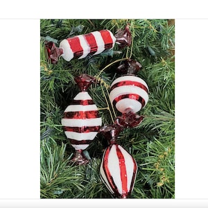 Glass 4 piece Large Stunning Hand painted Glass Red Candy Ornaments with White Glitter Peppermint