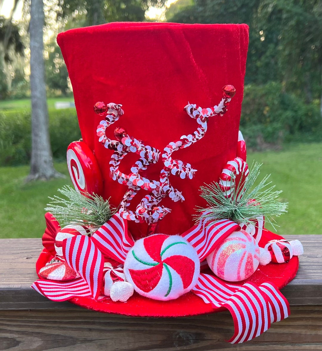 Red Candy Cane Candyland Peppermint Top Hat Tree Topper - Etsy