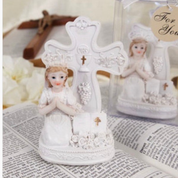 First Communion White Cross Girl Figurine Favor Decoration