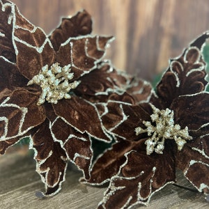 Brown or Taupe with Gold Trim Trim Velvet Poinsettia Pick Stem Christmas Tree Trimming Home Decoration Keepsake Wreath Choose Color