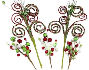 Twisted Twirl and Pom Pom Berry Red and Green Glitter Picks Wreath Attachments Vase Decorations, Set of 5