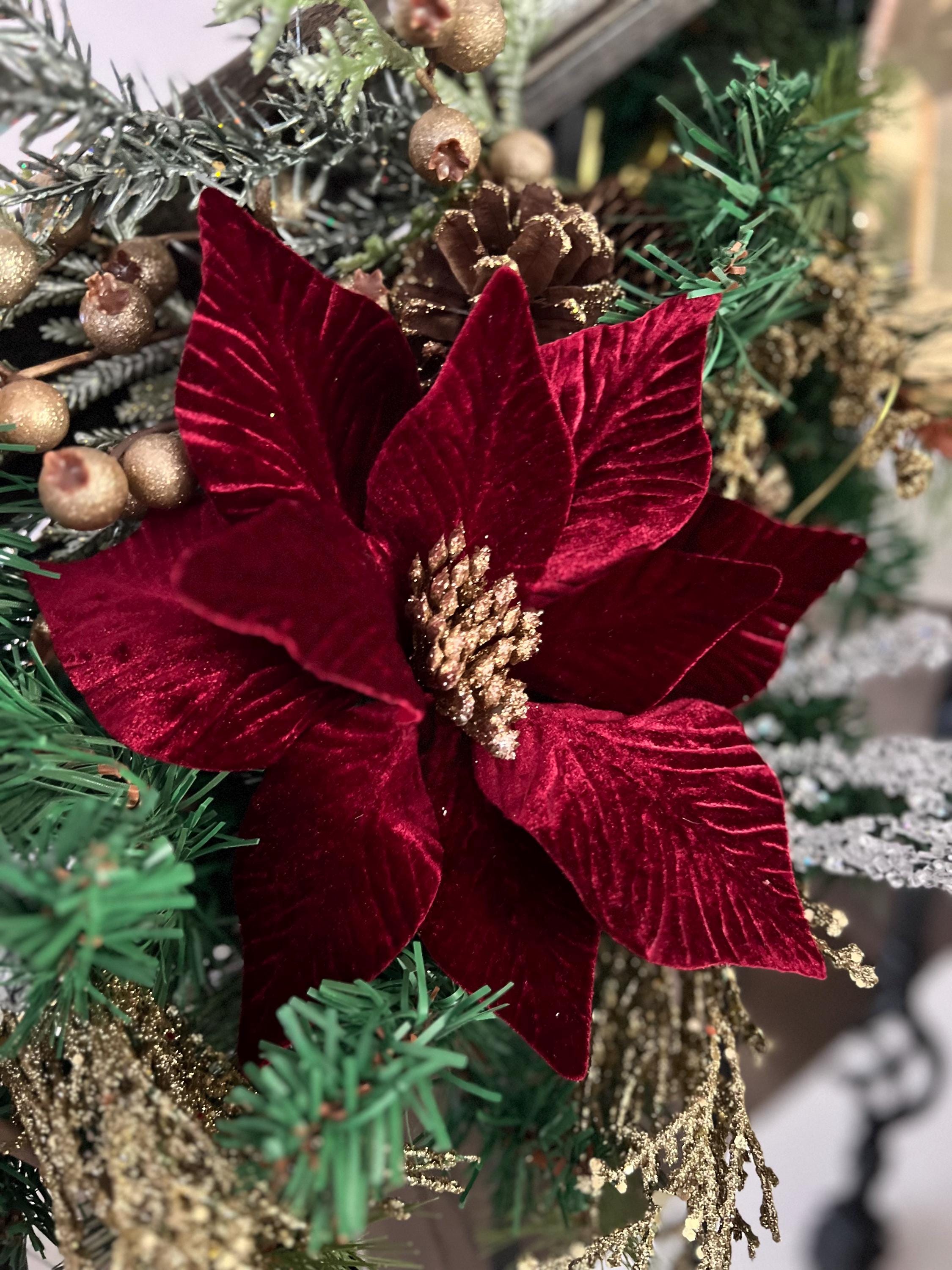 Plettri Stelle Di Natale In Velluto Rosso/Avorio, 12 Pezzi, Diametro 12 Cm Con Stelo In Filo Da 19 Cm, Per Ghirlande E Albero Di Natale