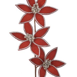 Beautiful Triple Red Velvet and Silber Jeweled Poinsettia Stem, Christmas Decor, Tree Decoration, Wreath Attachment, Regency 24&quot; Stem