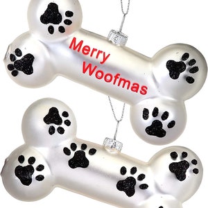 4&quot; Glass Dog Bone Ornament - Merry Woofmas Christmas Tree Wreath Decoration
