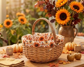 Cesto autunnale in vimini intrecciato con rivestimento interno a girasoli - Decorazione autunnale per la casa
