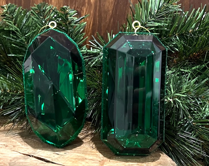 Set of 2, Emerald Green Emerald Cut Ornaments, 5 Inch, Oblong and