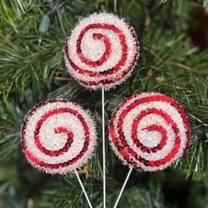 12&quot; Red and White Tinsel Peppermint Lollipop Picks Christmas Decor