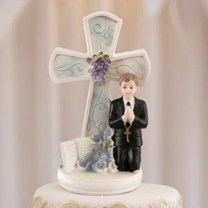 First Communion Cake Topper, Kneeling Boy Figurine, Catholic Keepsake