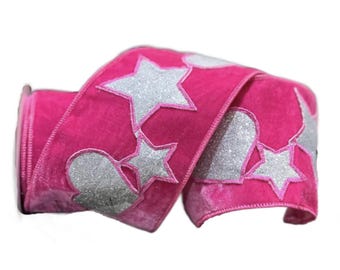 Hot Pink Velvet Christmas Ribbon, Silver Glitter Hearts and Stars, Wired 4-Inch