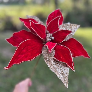 24&quot; Regal Red and Gold Velvet with Glitter Poinsettia Stem Christmas Tree Trimming Home Wreath Accent Decoration Pick Color