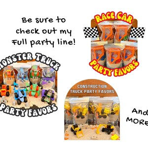 May include: A selection of party favours featuring toy monster trucks, race cars, and construction trucks. Each favour is packaged in a clear bag with colourful accents. Text includes "Monster Truck Party Favors", "Race Car Party Favors", and "Construction Truck Party Favors".
