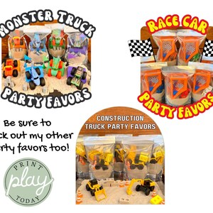 Puede incluir: La imagen presenta recuerdos de fiesta con veh&iacute;culos de juguete. Los conjuntos incluyen monster trucks, coches de carreras y camiones de construcci&oacute;n en bolsas transparentes. El texto dice "Monster Truck Party Favors", "Race Car Party Favors" y "Construction Truck Party Favors".