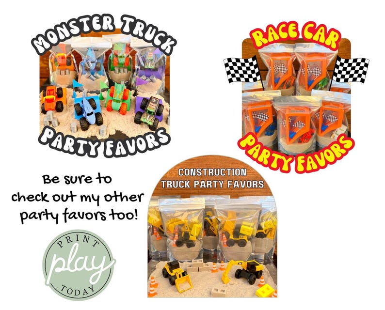 Puede incluir: La imagen presenta recuerdos de fiesta con veh&iacute;culos de juguete. Los conjuntos incluyen monster trucks, coches de carreras y camiones de construcci&oacute;n en bolsas transparentes. El texto dice "Monster Truck Party Favors", "Race Car Party Favors" y "Construction Truck Party Favors".