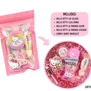 May include: A pink gift bag filled with Hello Kitty themed items, including lip gloss, a lollyring, slime, a sticker, and a candy heart bracelet. The image also shows a circular display of the same items.