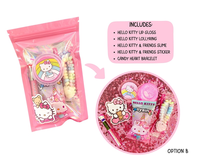 May include: A pink gift bag filled with Hello Kitty themed items, including lip gloss, a lollyring, slime, a sticker, and a candy heart bracelet. The image also shows a circular display of the same items.
