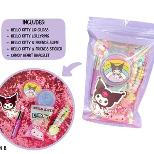 May include: A clear, iridescent bag filled with Hello Kitty themed items. Includes lip gloss, a lolly ring, slime, a sticker, and a candy heart bracelet. The items are displayed on a pink sequined surface, with a separate display of the contents.