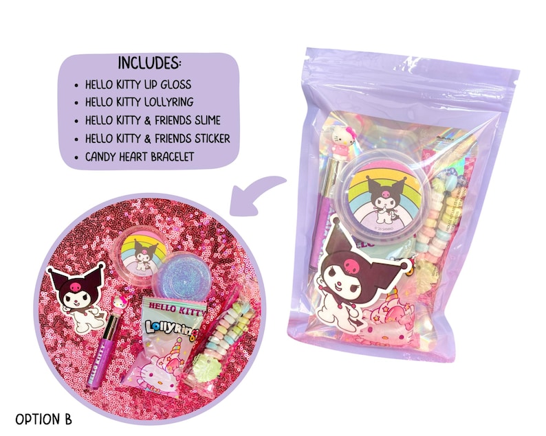 May include: A clear, iridescent bag filled with Hello Kitty themed items. Includes lip gloss, a lolly ring, slime, a sticker, and a candy heart bracelet. The items are displayed on a pink sequined surface, with a separate display of the contents.