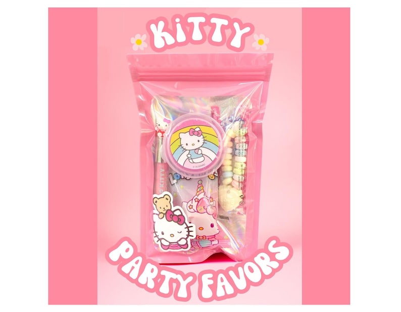 May include: A pink party favor bag with the words "Kitty Party Favors" in white. The bag contains a variety of items, including a Hello Kitty-themed lip balm, a pencil, and candies. The background is a solid pink.