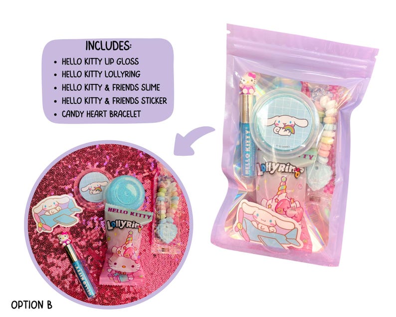 May include: A clear, lavender-colored bag filled with Hello Kitty-themed items. Includes lip gloss, a lolly ring, slime, a sticker, and a candy heart bracelet. The bag is sealed and contains a variety of pink and blue items, with the text "HELLO KITTY" visible.
