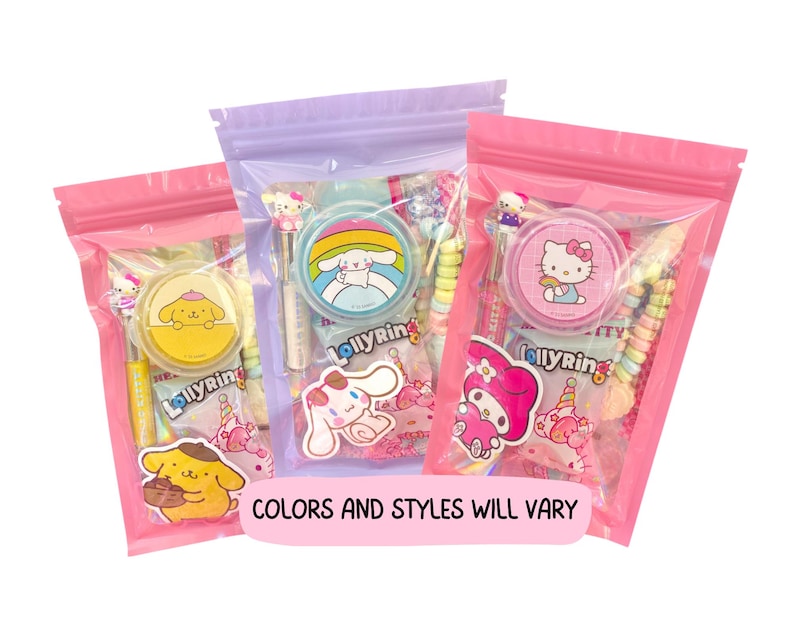 May include: Three pink, purple, and pink zip-lock bags filled with candy and character-themed accessories. Each bag features a different character, including Hello Kitty, My Melody, and Cinnamoroll. The text "COLORS AND STYLES WILL VARY" is displayed on a pink banner.