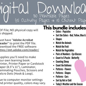 Pu&ograve; includere: Un grafico a forma di cuore rosa con il testo "This bundle includes:" e un elenco di 15 pagine di attivit&agrave; stampabili per bambini. L'elenco include attivit&agrave; come l'ordinamento dei colori, l'abbinamento degli animali e il conteggio delle pecore. Il testo "Digital Download" &egrave; nella parte superiore dell'immagine.