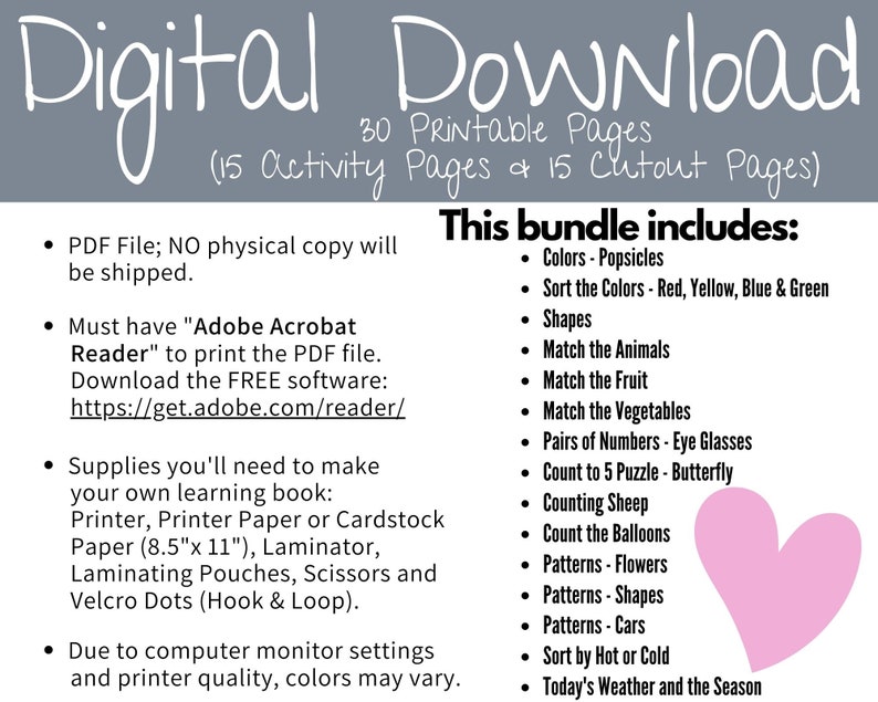 Pu&ograve; includere: Un grafico a forma di cuore rosa con il testo "This bundle includes:" e un elenco di 15 pagine di attivit&agrave; stampabili per bambini. L'elenco include attivit&agrave; come l'ordinamento dei colori, l'abbinamento degli animali e il conteggio delle pecore. Il testo "Digital Download" &egrave; nella parte superiore dell'immagine.