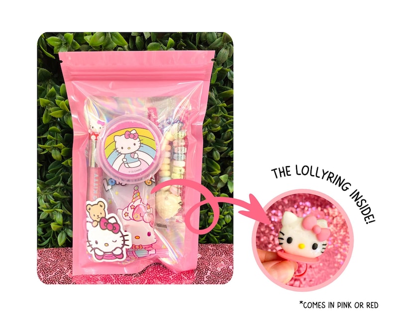 May include: A pink cellophane bag filled with Hello Kitty themed items. The bag contains a pen, stickers, a round container, and candy. A separate image shows a Hello Kitty ring, available in pink or red.