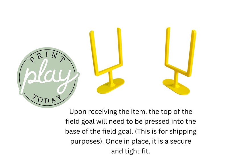 May include: Two yellow miniature football field goal posts against a white backdrop. The posts have a base and uprights. The image also includes a logo with the text "PRINT play TODAY".