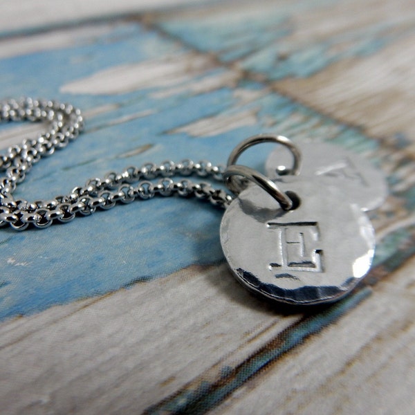 Aluminium small hammered circle necklace, personalised with the initial or symbol of your choice. A unique and thoughtful keepsake