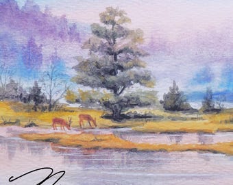 Two Deer by the River a 5" x 7" Watercolor in an 8" x 10" Mat