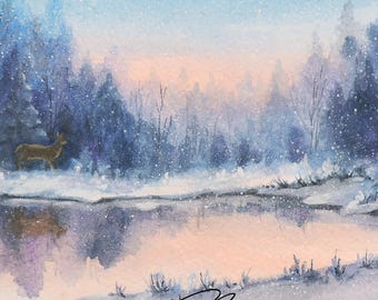 Original Watercolor Painting: Deer by Water Winter Landscape, Framed 8x10