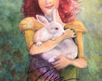 Girl Holding a Rabbit a 5" x 7" Watercolor in an 8" x 10" Mat and Frame