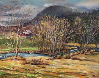 Early Spring Below Peaked Mountain in Piermont New Hampshire Framed Oil Painting