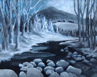 Winter Stream 7" x 5" Framed Oil Painting