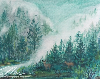 Emerald Landscape with Deer is a 5" x 7" Watercolor in an 8" x 10" Mat