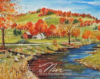 Autumn Scene in Vermont 5" x 7" Watercolor Matted and Framed