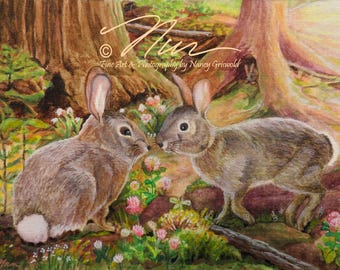 Ode to the New England Cottontails 7" x 5" watercolor in an 10" x 8" mat and frame