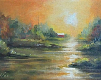 Warmth By The River 5 x 7 Framed Oil Painting