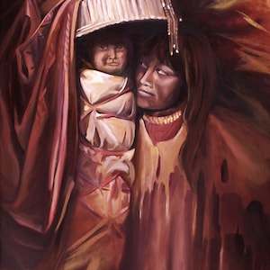 May include: A painting of a woman holding a child in her arms. The woman is wearing a brown and red dress and a beaded necklace. The child is wearing a white and brown dress and a hat. The painting is done in a realistic style and has a warm, earthy color palette.