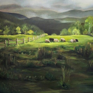 May include: A painting of a green field with a wooden fence and a group of sheep grazing in the distance. The background features rolling hills and a cloudy sky.
