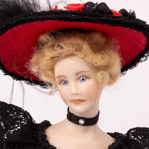 Dollhouse Miniature ~ Beautiful Blonde Young Lady Doll in Black Dress and Red Hat Victorian Porcelain Artisan Made