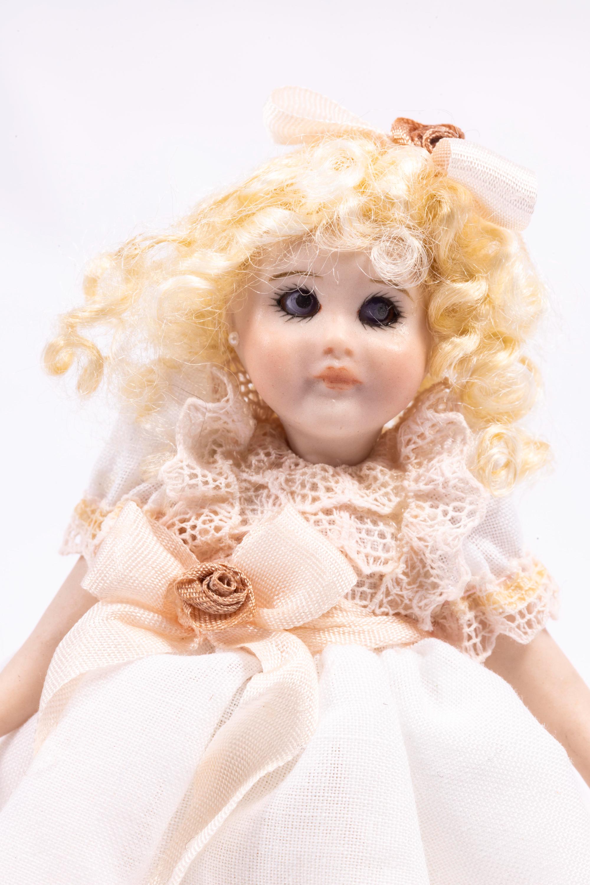 Dollhouse Miniature ~ Little Girl Porcelain Doll Curly Blonde Hair