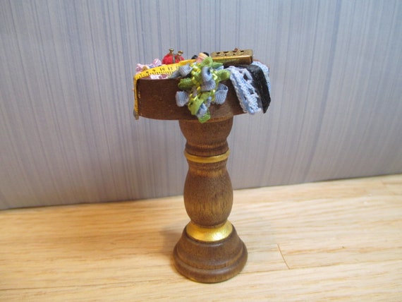 Handcrafted Wood Pedestal Sewing Stand Filled w Notions 1:12 Dollhouse Miniature