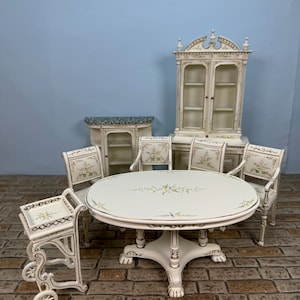 Dollhouse Miniature ~ 8 Piece White Hand Painted Floral Dining Room Set - Jia Yi